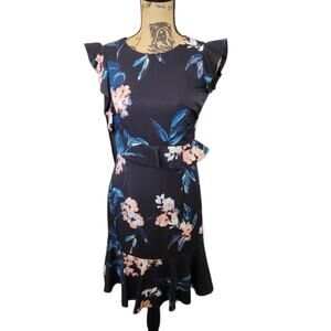 Size 2 Adrianna Papell Black Blue & Pink Ruffled Floral Flutter Sleeve Dress